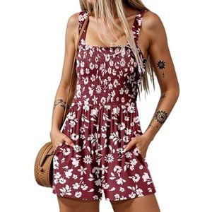 CupitiDU Dames zomer vierkante hals mouwloze losse casual korte gesmokte romper, elegante strandvakantie outfits met zakken, Rood, XXL