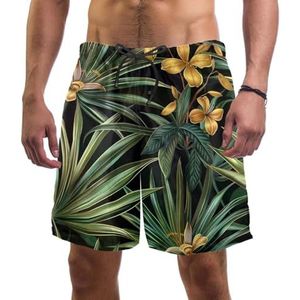 PAFEFO Nieuwigheid boardshorts voor heren, strandvakantie, feest, sneldrogend badpak met groene tropische palmbloemen ontwerpen, Groene Tropische Palm Bloemen, XL