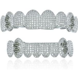 Set Van 8 Vergulde Tandengrills met Schitterende Details, Luxe Kubieke Zirkonia'S en Imitatiediamanten voor Hiphop-Tandjes(Silver Black)