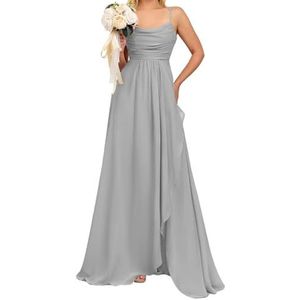 Prinses Bruidsmeisjes Jurken Spaghetti Bandjes Galajurken Chiffon Formele Avondfeest Maxi Jurk met Split ZM192, Zilver, 32