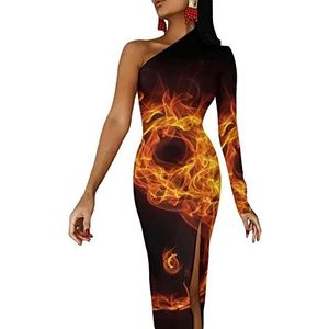 Fire Flame Yin Yang Damesjurk met halve mouwen, avondfeest, lange jurk, cocktailjurk, split, bodycon, maat M