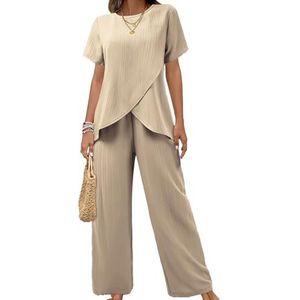 Leader of the Beauty Dames zomer 2-delige outfits korte mouw casual moeder V-hals top lange broek pak set, Abrikoos, S