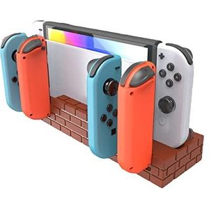 Schakelaar Controller Opladen Dock Station voor Nintendo Switch & OLED Joycons, Mode Baksteen Vorm Schakelaar Games Organizer 4 Controller Charger Stand, 8 Slots Game Card Opslag (Bruin)
