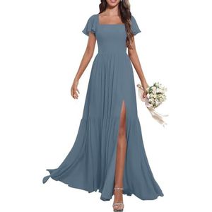 KURFACE Dames fladdermouwen V-hals chiffon bruidsmeisjesjurken met split geplooide lange avond formele feestjurk, Dusty Blauw, 32