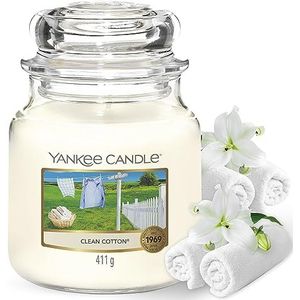 Yankee Candle Geurkaars in glas (middelgroot in glas), Clean Cotton, brandduur tot 75 uur