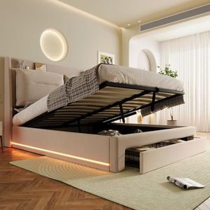 Moimhear Gewatteerd bed, hydraulisch bed, 2-in-1 laden aan het einde van het bed, verzonken kleurveranderende lichtstrips aan beide zijden van het bed, geen matras, fluweel. (Beige, 140 x 200)