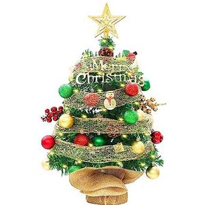 Cankypu 2FT LED Tafelblad Kerstboom met LED Licingers Top Ster Rood Groen Ballen Lint Kunstkerstboom voor Vakantie Decoratie