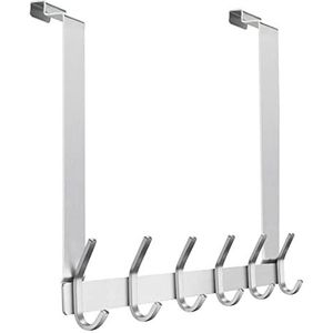 MEIJO Deurhaak voor achterkant roestvrij stalen deur kapstok binnen, zonder boren met 6 haken, deurhaakrail voor badkamer, slaapkamer (zilver, binnen)
