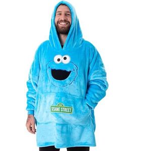 Sesame Street Cookie Monster Unisex draagbare deken hoodie | Blauwe trui met capuchon en grafische print van Koekjesmonster voor volwassenen | One-size loungewear met sherpavoering en zakken