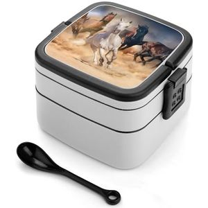 Paarden in de woestijn zandstorm bento box met handvat alles-in-een stapelbare 2-laags lekvrije lunchbox voedselcontainers