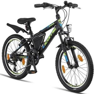 Licorne Bike Guide Premium Mountainbike in 20 inch - fiets voor meisjes, jongens, heren en dames - 18 versnellingen schakeling - zwart/blauw/lime