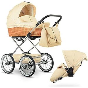 Retro Pram rieten mand van natuurlijk riet met de hand gemaakt luchtbanden 8 kleuren Retro by Lux4Kids Beige R023 2in1 zonder autostoel