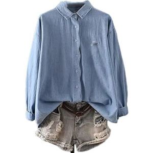 Vrouwen Harajuku Denim Shirts Vrouwen Lente Jean Shirt Tops Mode Lange Mouw Bloemen Borduurwerk Denim Blouses, 7, S