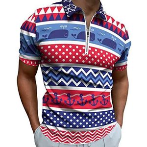 Nautical Borders Poloshirt voor heren, met ritssluiting, casual korte mouwen, golftop, klassieke pasvorm, tennisshirt
