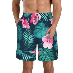 JIAWUJYNB Hawaii strandshorts voor heren, roze, bloemenprint, lichtgewicht, sneldrogend, met trekkoord en zakken, Wit, M