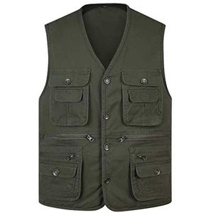 MekUk Heren Buitenvest Lente en de herfst vest Heren V-kraag Multi-pocket schouder vest Dad installeert Outdoor visserij Fotografie Pure Cotton Horse clip Gilet Safari Jacht Wandelen Fotografie(Army G