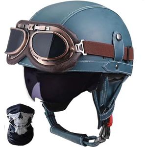 DOT/ECE-goedkeuring leren halve helm, retro motorfiets halve helm met bril, snelsluiting, volwassen halve jethelm, cruiser, scooterhelm, vintage F,S=55-56CM