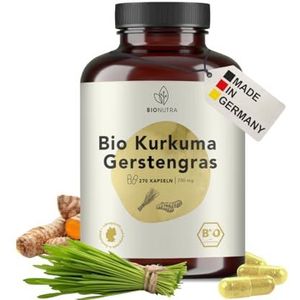 BIONUTRA® Bio kurkuma- en gerstegrascapsules hooggedoseerd 4200 mg/dag, residugecontroleerd, Duitse productie, vegan, zonder toevoegingen, gerstegras bio en kurkuma bio, 270 stuks x 700 mg