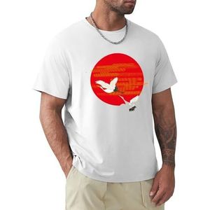 Heren T-shirt rood zon en wit kraan korte mouwen T-shirt ronde hals T-shirt voor mannen, Rode Zon en Witte Kraan1, XXL