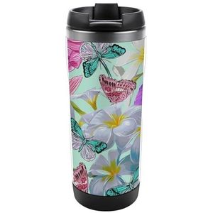 Mooie vlinders en tropische bloemen reismok met deksel roestvrij staal geïsoleerde koffiekop houdt dranken warm koud water fles 368 ml
