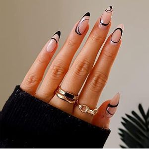 Zwarte Kunstnagels 24Pcs Luipaard Amandel Nep Nagels Art Vrouwen Meisjes Stok Valse Manicure Acryl Glossy Afneembare Zwart 1