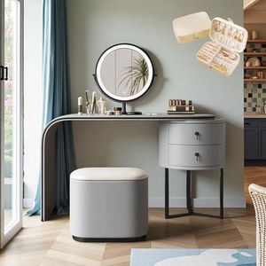 Make-uptafel Met Spiegel, Sieradendoos, Ledverlichting, Instelbare Helderheid, Kruk, 2 Laden