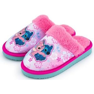 Disney Lilo & Stitch-pantoffels voor meisjes, schattige Stitch & Angel geborduurde muilezelpantoffels met voering van imitatiebont, antislipzool en gewatteerde hak, kinderhuisschoenen, maat 38-4, roze
