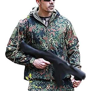 Czen Tactische camouflage-softshelljas voor heren, voor herfst en winter, outdoor, militair, fleece, gevoerd, waterdicht, met capuchon, outwear, wandelen, jachtjas, German Camo., XL