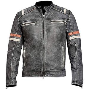 Fashion_First Mens cafe racer retro vintage motorfiets zwart & grijs distressed biker leren jas, Zwart & Grijs Contrast, M
