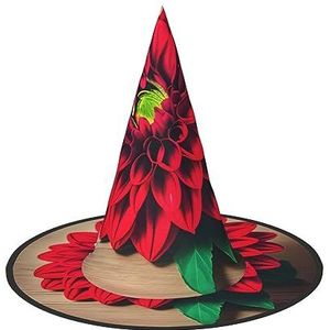 SSIMOO Houten plank retro bloem rode dahlia Halloween feesthoed, grappige Halloween-hoed, brengt plezier op het feest, maak je de focus van het feest