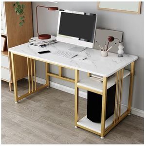 Table，Simple Desk，double-layer storage design, wide desktop, suitable for a variety of scenarios(White+Gold)