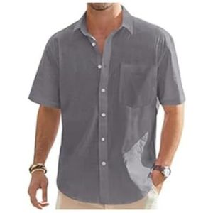 Overhemden for heren Katoenen linnen korte mouwen overhemd met knoopjes Casual zomer vakantie strand overhemden met zak(Dark gray,5XL)