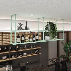Plafondplank - Plafond hangend wijnrek, 2-laags zwevende hangende plank wijnrek, hangende plafondplank industriële opbergplank, plafondgemonteerde keuken/restaurant/bar decoratieplank (kleur: grijs