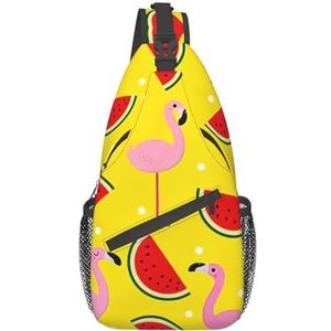 Haai met zonneglas print heuptas voor dames en heren, modieuze crossbody-tassen, sling rugzak met verstelbare riem, Roze Flamingo en Watermeloen, Eén maat