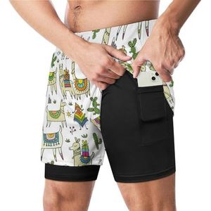 Tribal Alpaca Lama Cactus Grappige Zwembroek met Compressie Liner & Pocket Voor Mannen Board Zwemmen Sport Shorts