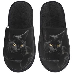 LZNJZ Pantoffels voor heren en dames in pluche stoffen, starende zwarte kattenpantoffels | zacht, warm, lichtgewicht, Zoals getoond, Medium