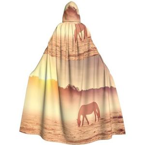 WURTON Paarden op weide bij zonsondergang volledige lengte carnaval cape met capuchon cosplay kostuums mantel, 190 cm