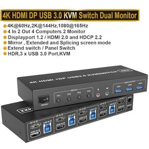 4-poorts USB 3.0 KVM-schakelaar 4X2 dubbele monitor 4K @ 60Hz Uitgebreide weergave DP KVM-schakelaar 4 in 2 uit for 4 PC-toetsenbordmuis,Schakelde soepel(ZY-AHD42U)
