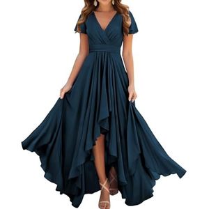 Prinses Bruidsmeisjes Jurken Flutter Mouw Galajurken Chiffon Formele Avondfeest Maxi Jurk met Split ZM209, Donkerblauw, 32
