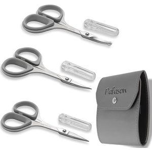 PAFASON Ultra Scherp Baard Schaar Set, Hoge Precisie Recht Gebogen Rond Tip Snor Gezicht Neus Haar Trimming Gereedschap, Roestvrij Staal, Veiligheid Etui, Premium Leeren Tas