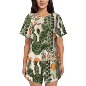 YQxwJL Groene Cactus Print Vrouwen Pyjama Sets Shorts Korte Mouw Lounge Sets Nachtkleding Casual Pjs Met Zakken, Zwart, 4XL