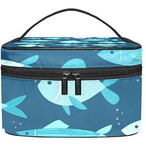 Vissen blauwe make-up organizer tas, reismake-up tas organizer case draagbare cosmetische tas voor vrouwen en meisjes toiletartikelen, Meerkleurig, 22.5x15x13.8cm/8.9x5.9x5.4in