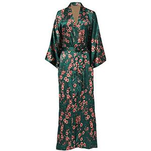 BABEYOND Dames ochtendjas maxi lange satijnen kimono badjas dames zijde loungewear slaapjas met bloemenpatroon, perzikbloesem