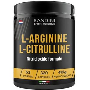 Bandini® L-Arginine + L-Citrulline 320 capsules (1100 mg per capsule), Arginine + Citrulline Malaat Pre-Workout, Supplementen Sportschool, Uithoudingsvermogen, Spierherstel, Semi-Essentiële Aminozuren