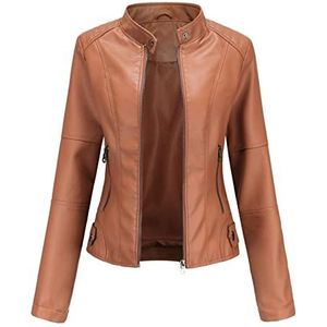 QCLUEU Dames leren jas, Klassieke mode kunstleren jas, Motor Biker korte jassen, Bovenkleding met lange mouwen en rits (Color : Orange, Grootte : 3XL)