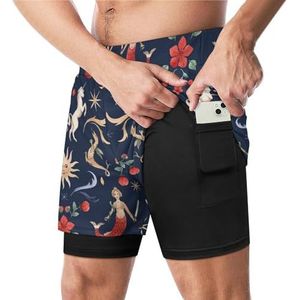 Aquarel Middeleeuwse Eenhoorn Zeemeermin Grappige Zwembroek met Compressie Liner & Pocket Voor Mannen Board Zwemmen Sport Shorts