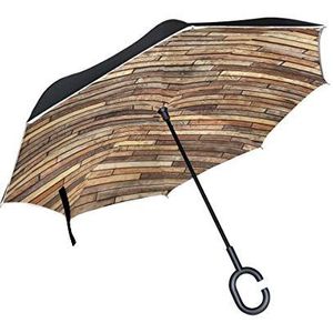 RXYY Winddicht Dubbellaags Vouwen Omgekeerde Paraplu Abstracte Vintage Houten Bruin Waterdichte Reverse Paraplu voor Regenbescherming Auto Reizen Outdoor Mannen Vrouwen