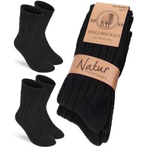 BRUBAKER 2 Paar Wollen Sokken - Wintersokken voor Dames en Heren - Warm en Donzig - Wintersokken Set met Schapenwol - Thermosokken Gebreide Sokken - Zwart - Maat 43-46