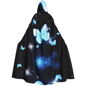 Womens Mens volledige lengte carnaval cape met capuchon cosplay kostuums mantel, 185 cm blauwe vlinder