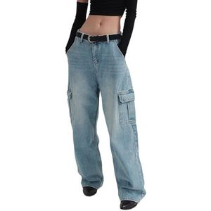 LoprNsdgt Casual Jeans Met Wijde Pijpen Voor Vrouwen Rits Hoog Getailleerde Katoenen Gewassen Baggy Cargobroek,Blauw,L